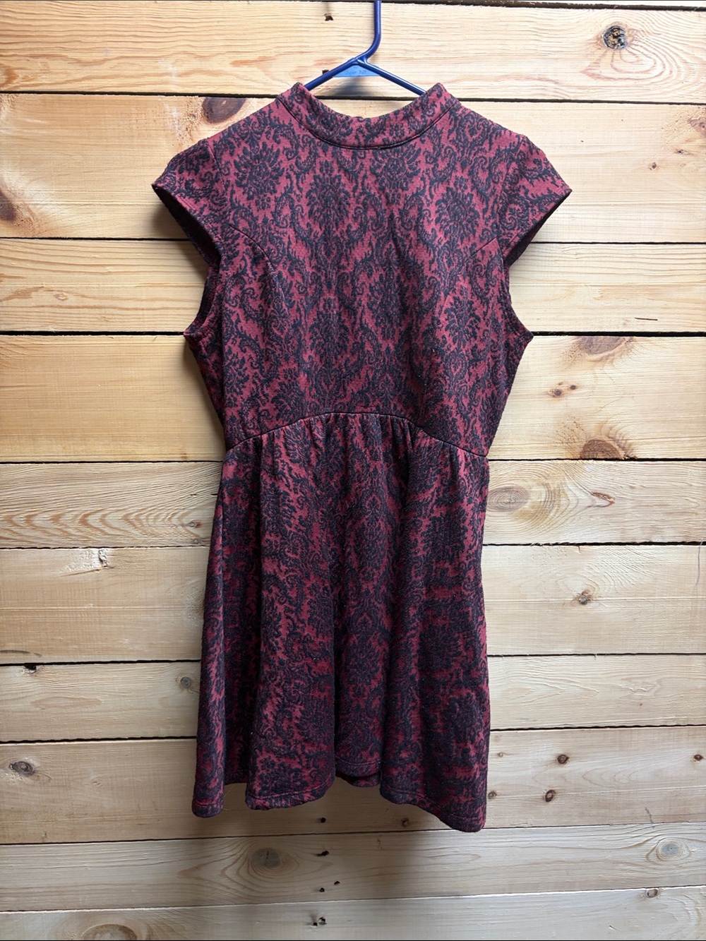 Rewind Burgundy and Black Damask Fit-and-Flare Mini Dress